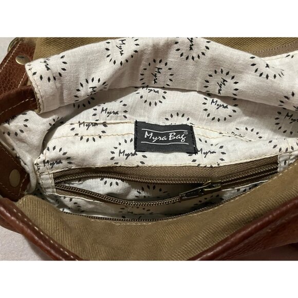 Myra Brown & Beige Boho Crossbody Bag Geometric Pattern Adjustable Strap Leather - Picture 13 of 14